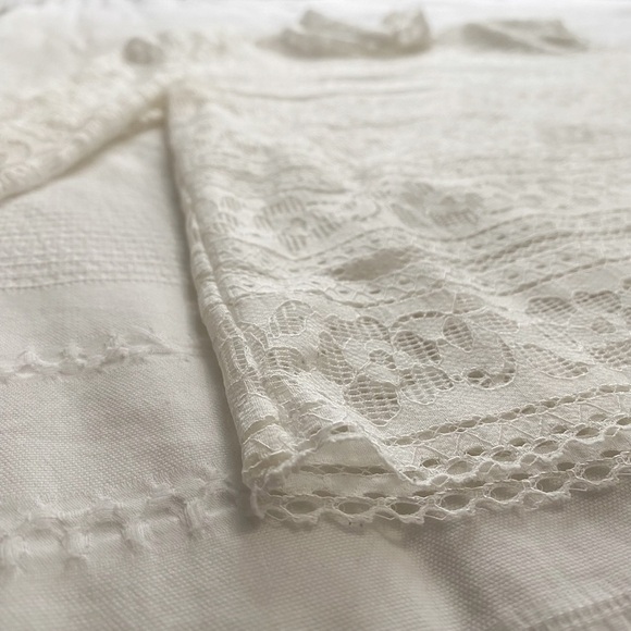 SANDRO HAMIA WHITE OPEN SHEER LACE MOCK NECK LONG SLEEVE SHOULDER PAD TOP - M - Picture 7 of 9